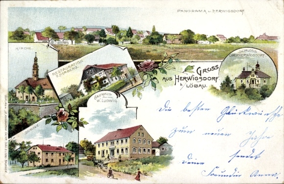 litho Herwigsdorf Rosenbach OL, Kerk, Restaurant Herberg, Kasteel, Gasthaus Ludwig, School