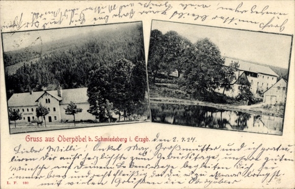 Postcard Oberpöbel Dippoldiswalde in the Eastern Ore Mountains, partial views, pond
