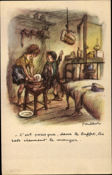 Artist PC Poulbot, Francisque, meisje wast de afwas, jongen, brood