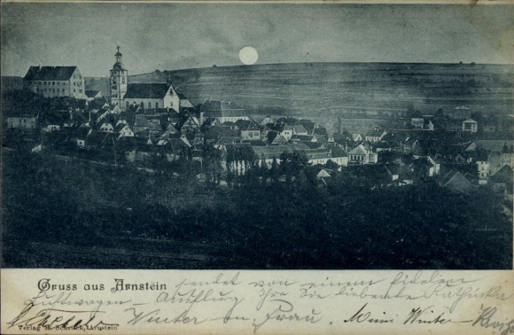Moonlight Postcard Arnstein in Lower Franconia, overall view at night