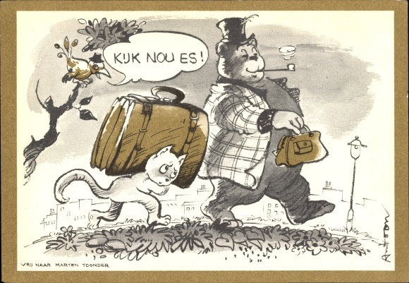 Artist Postcard Humanized bear, cat carrying his luggage