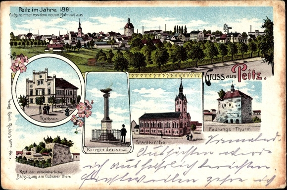 litho Peitz in Neder-Lausitz, stadsgezicht in 1891, vestingtoren, stadskerk, stadhuis