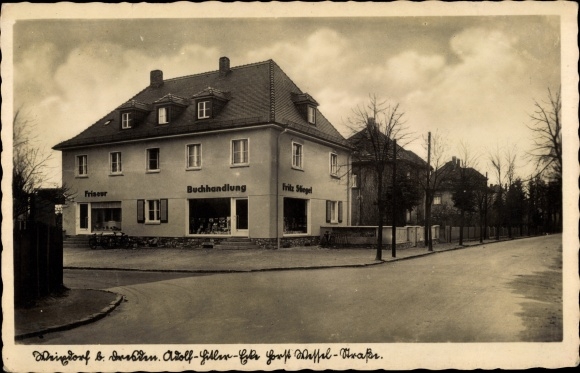 Postcard Dresden Weixdorf, Adolf Hitler Strasse corner Horst Wessel Strasse, bookstore