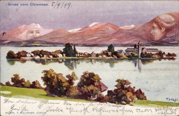 Kunstenaarskaart Hass, Fritz, groeten uit Chiemsee, Fraueninsel, berggezichten, Killinger nr. 200