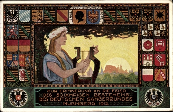 Coat of arms artist PC Schmidt, C., Nuremberg, 50th anniversary of the German Singers&#39; Association 1912, Singers&#39; Association Festival