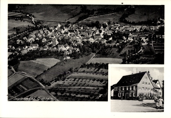 Ak Jagstheim Crailsheim in Württemberg, Fliegeraufnahme, Cafe und Gasthaus zur Rose