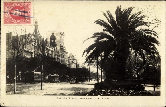 Postcard Buenos Aires Argentina, Avanida LN Alem, trams, palm trees