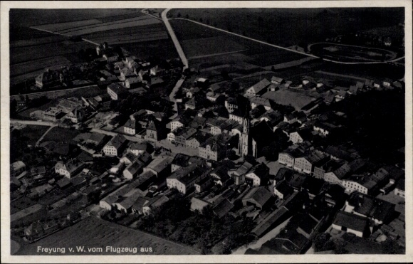 Postcard Freyung in the Bavarian Forest, aerial view of architecture, surrounding fields