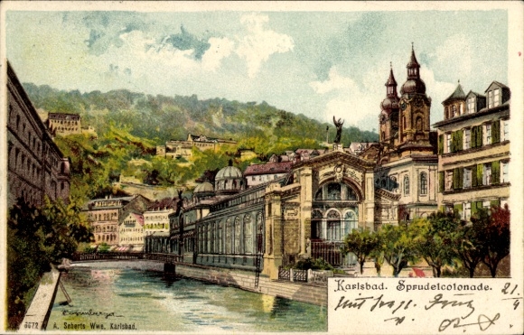 Artist Chromo-Litho Guggenberger, Karlovy Vary Karlsbad City, Spring Colonnade