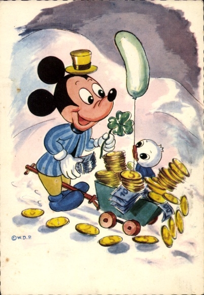 Ak Walt Disney, Micky Maus, Fröhliches Neujahr, Schubkarre mit Geld, Münzen