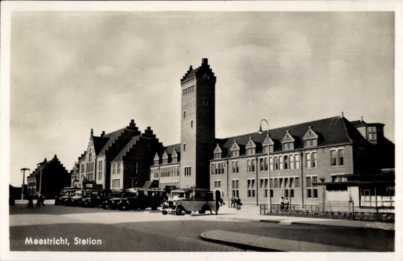 Postcard Maastricht Limburg Netherlands, train station, s building, road traffic, people, cars