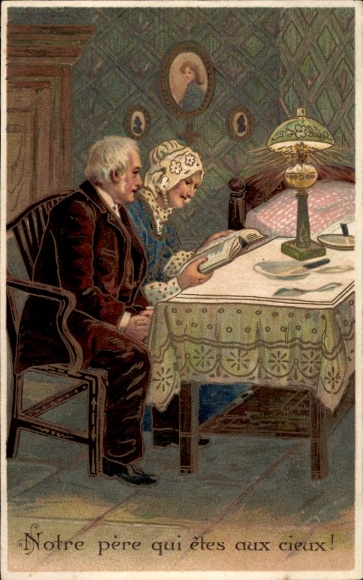 Präge Litho Frau und Mann beim Gebet