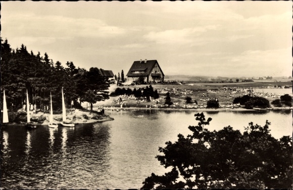 Postcard Pirk Burgstein Weischnitz in Vogtland, Pirk dam with beach cafe