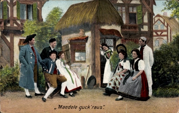 Künstler Ak Maedele guck raus, Gruppe in Tracht