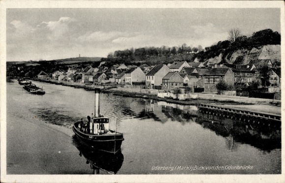 Postcard Oderberg in the Mark, view from the Oder bridge, ship