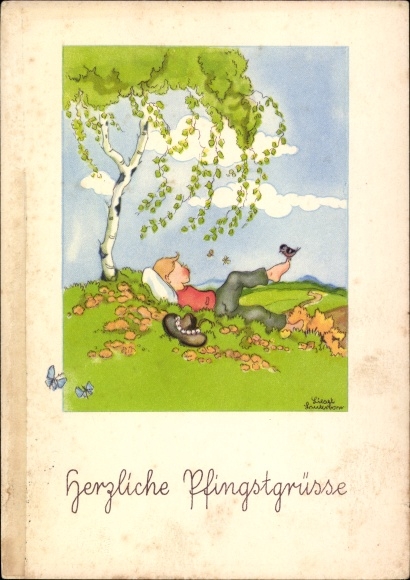 Artist PC Lauterborn, Liesel, congratulations Pentecost, boy is in the grass, birch