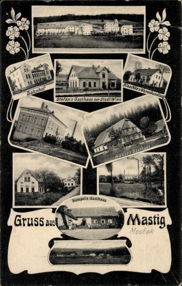 Ak Mostek Mastig Reg. Königgrätz, Stefan's Gasthaus zur Stadt Wien, treinstation, commercieel gebouw Blaschke