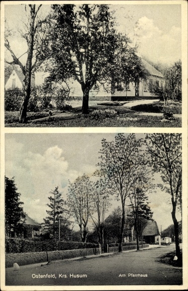 Ansichtkaart Ostenfeld bij Husum in Noord-Friesland, pastorie, boswachterswoning