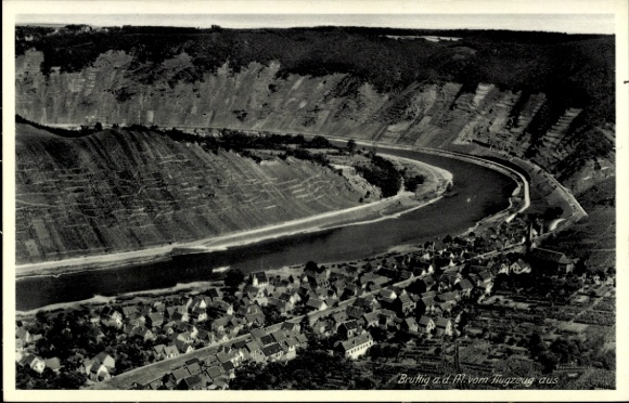 PC Bruttig Fankel on the Moselle, landscape with river, hills, houses, inscription: Bruttig ad vom