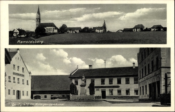 Postcard Ranoldsberg Buchbach in Upper Bavaria, village square, war memorial, total view