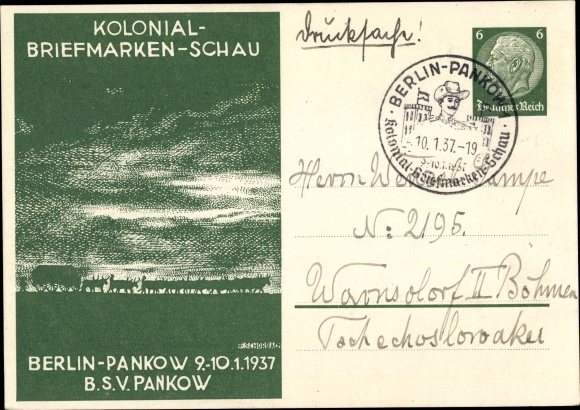 Postwaardestuk ansichtkaart koloniale postzegelshow Berlin Pankow 1937