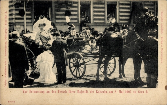 Ak Gera Reuß in Thüringen, Besuch Ihrer Majestät der Kaiserin am 8. Mai 1905, Pferdekutsche