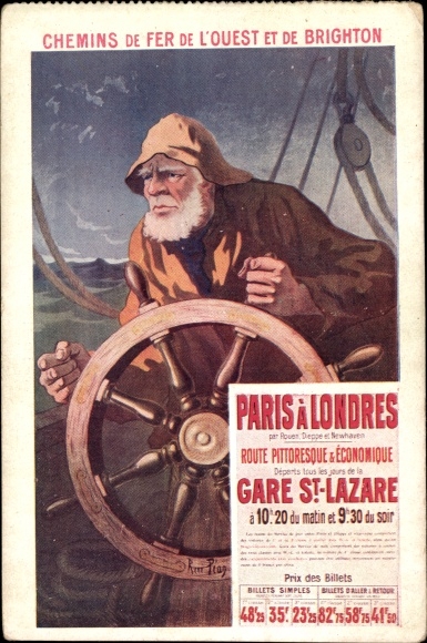 Artist Postcard Chemins de Fer de l&#39;Ouest et de Brighton, Paris, London, Seemann am Steuer