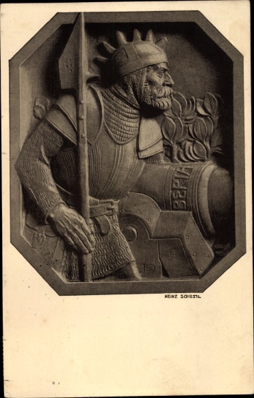 Postcard plastic by Heinz Schiestl, brother of Matthäus, soldier, knight, relief