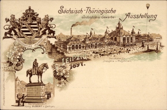 Wapenschild postwaardestuk litho Leipzig, Saksen. Thüringen. Industrie- en handelstentoonstelling 1897, grote zaal