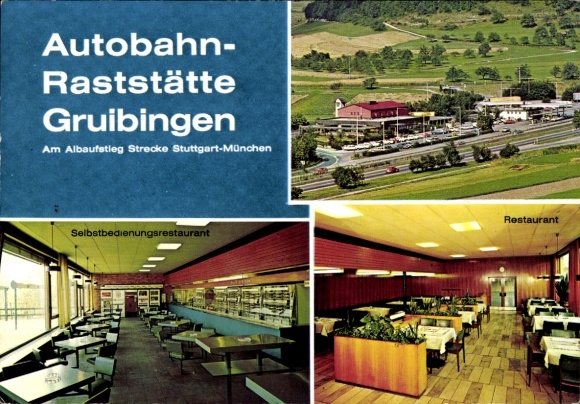 Postcard Gruibingen in Württemberg, motorway service station, self-service restaurant, restaurant