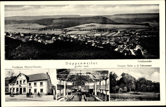 Postcard Düppenweiler Beckingen in Saarland, panorama of the place, inn Mayer-Dauster, hall