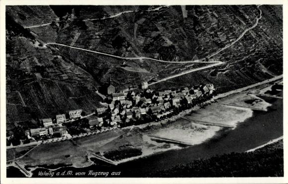 Postcard Valwig on the Moselle, aerial photograph, wine-growing buildings, Moselle, river
