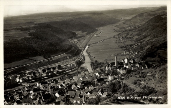 KP Horb am Neckar, widok z lotu ptaka na Horb, piękny krajobraz, rzeka, góry, architektura
