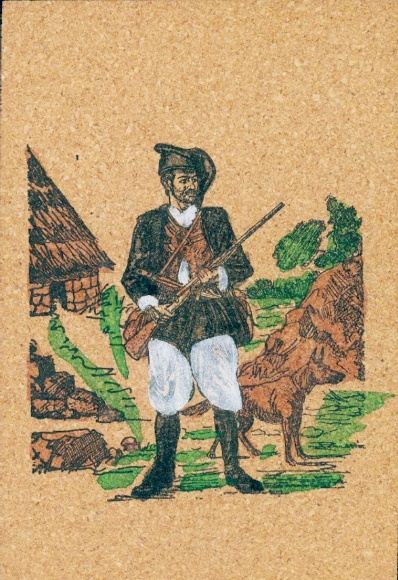 Leder Ak Sardegna, Mann in italienischer Tracht, Gewehr, Hund, Bauernhof