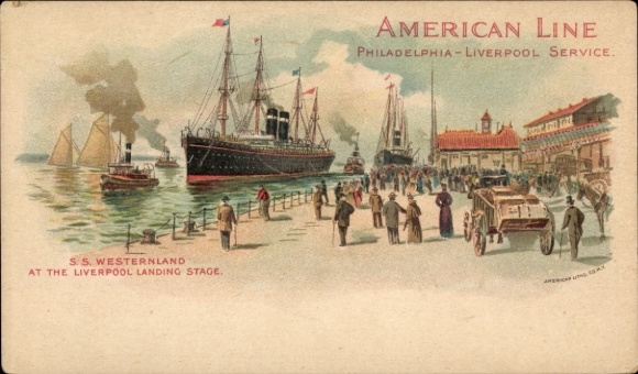 litho American Line, SS Westernland landt in de haven van Liverpool