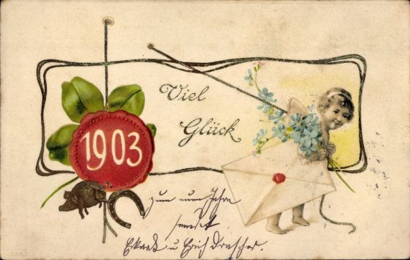 Embossed PC Happy New Year, angel, year 1903, clover, horseshoe, letter