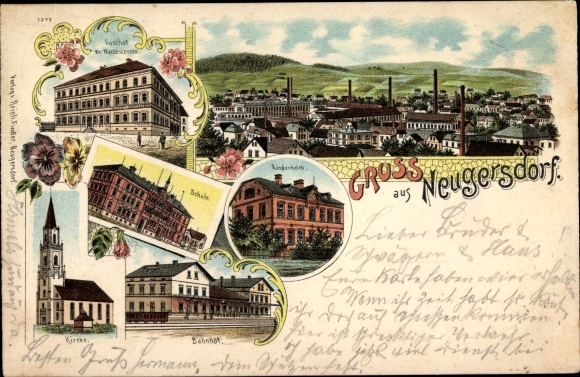 Litho Neugersdorf in der Lausitz, Schule, Gasthof zur Wachtschenke, Kirche, Bahnhof