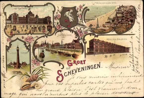 Litho Scheveningen Den Haag Südholland, Kurhaus, Strand, Hafen, Leuchtturm, Hotel