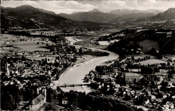 Postcard Bad Tölz in Upper Bavaria, beautiful landscape, river, mountains, city view, photo