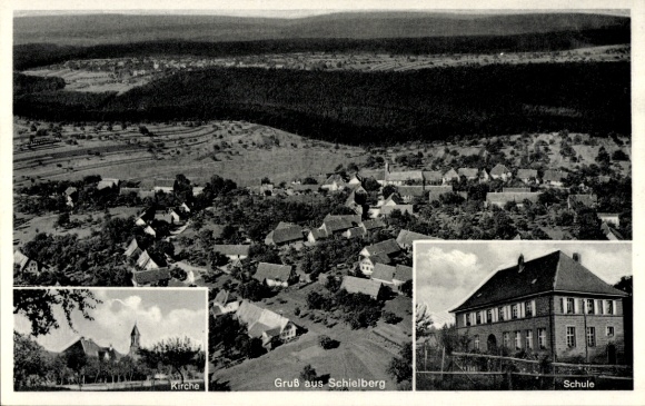 Postcard Schielberg Marxzell in Baden Württemberg, aerial photography, school, church