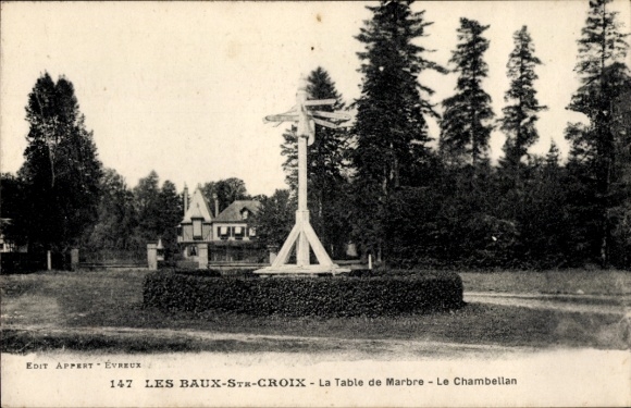 Postcard Les Baux Sainte Croix Eure, La Table de Marbre, Le Chambellan, park landscape, sculpture