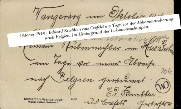 Photo Postcard Wangerooge, Eduard Knebben from Krefeld, day of assignment to Belgium, engine shed