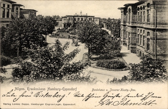 Postcard Hamburg Nord Eppendorf, New General Hospital, Bathhouse, Internal Boarding Pavilion.