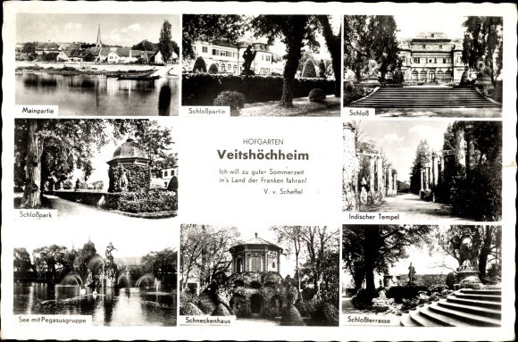 KP Veitshöchheim w Dolnej Frankonii, zamek, muszla ślimaka, Mainpartie, świątynia indyjska