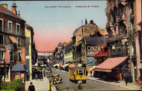 Postcard Belfort Territoire, Faubourg de France, shopping street, tram