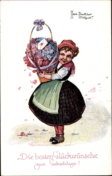 Artist PC Boettcher, Hans, congratulations birthday, girl with flower basket