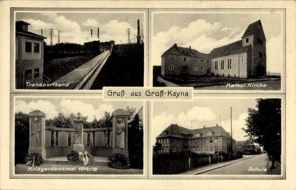 Ak Großkayna Braunsbedra Saalekreis, lopende band, kerk, school, oorlogsmonument