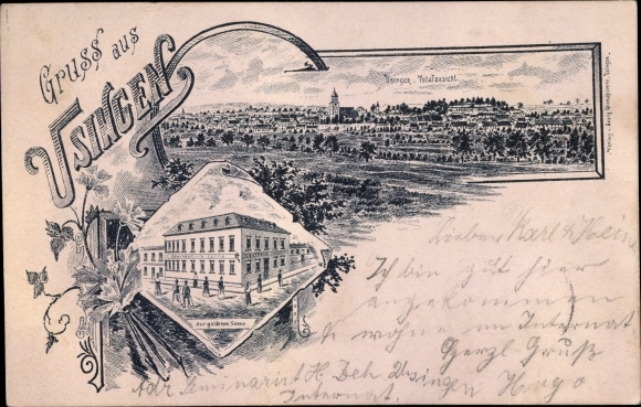 Chromo-Litho Usingen in Taunus Hesse, total view of the place, inn to the golden sun