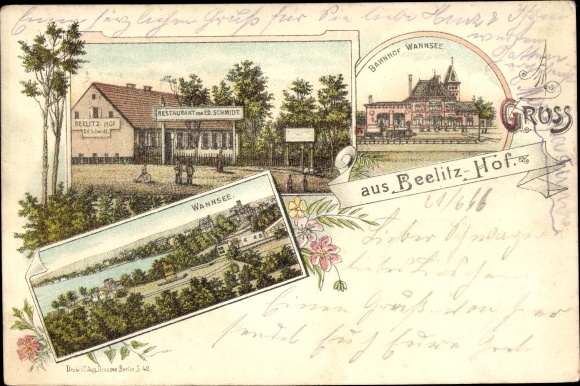 Chromo-Litho Berlin Zehlendorf Nikolassee, Beelitzhof, Restaurant H. Krüger, Wannsee station