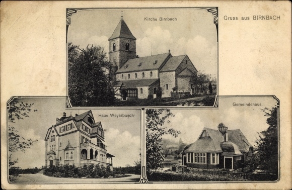 Postcard Birnbach im Westerwald, church, parish hall, house Weyerbusch
